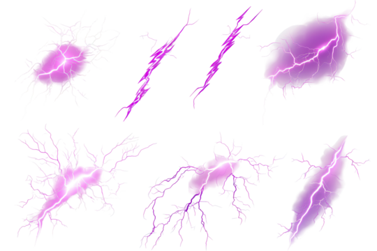 Collection of pink lightning strikes isolated on a white background showcasing different shapes and patterns, ideal for design and digital art projects