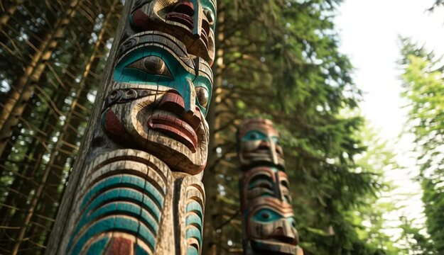 Close-up of traditional totem poles in green rich forest. Carving art showcases native culture, wood craft, detail faces with 

expressions and colors. Symbol of heritage, history, spirituality
