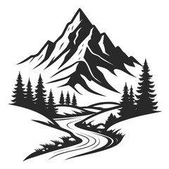 Black mountain with river and pine trees silhouette