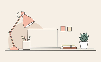 Creative design vector art of a minimalist illustration of a desk with a lamp, stationery, and a potted plant, evoking a sense of calm and productivity