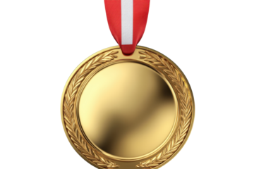 Close-up view of a golden medal with a ribbon, showcasing fine details of the surface and design in a well-lit setting