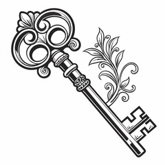 Black ornate key with floral embellishments on white