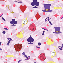 Wonderland pattern elements roses, rabbit, Cheshire cat, flamingo cards hat cup and mushrooms and clock