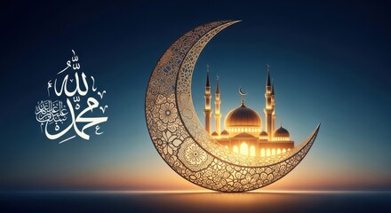 Islamic crescent moon with mosque and calligraphy