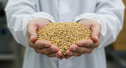 Person in white lab coat holding pile of wheat grains