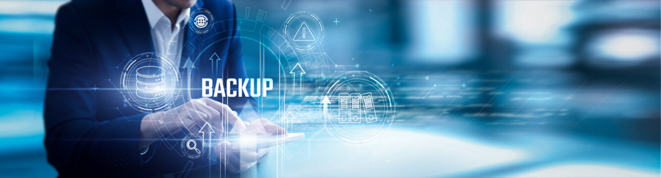 Businessman using mobile smartphone and cloud backup solutions analyzing data disaster recovery, secure storage, file protection, redundancy systems, business continuity, digital archives.