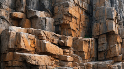 Jagged and angular golden granite rock formation reveals striking texture and patterns, creating a rugged and natural stone cliff face with captivating details.
