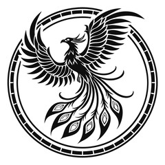 Black phoenix rising in circular frame bird mythical creature