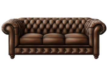 Brown leather chesterfield sofa designed for modern living rooms, featuring classic tufted upholstery and elegant nailhead trim in a cozy interior setting