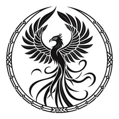 Black phoenix with spread wings in decorative circle