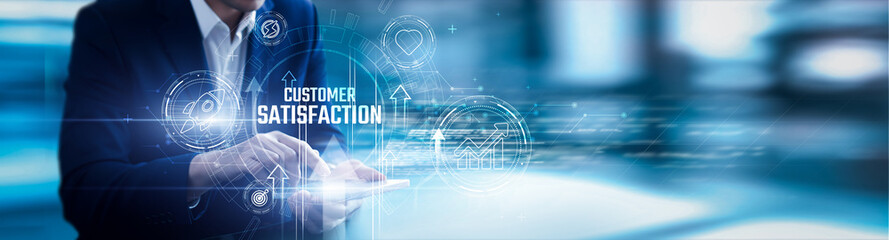 Businessman using mobile smartphone and customer satisfaction analyzing data service quality,...