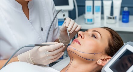 Silver Thread Lift Procedure for Jawline and Neck Performed in Premium Cosmetic Clinic: Cosmetologist Inserting Thin Cannula with Silver Threads