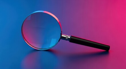 Magnifying glass with blue and pink neon lighting