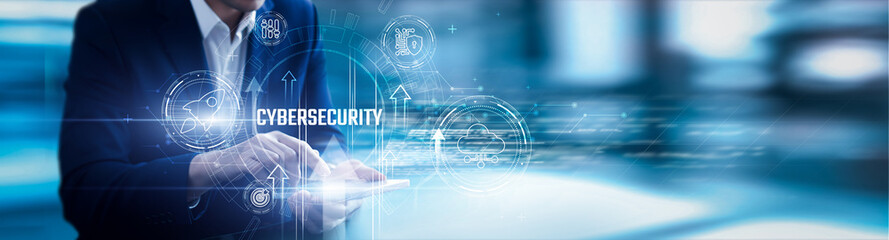 Businessman using mobile smartphone and cybersecurity analyzing data encryption, threat detection, secure access, compliance monitoring, and digital protection.