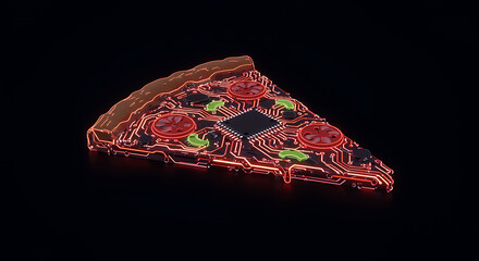 Slice of pizza with circuit board toppings and central processor