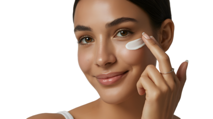 Woman applying eye cream with her finger, isolated on transparent background