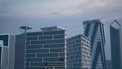 Naklejka premium Several tall buildings standing next to each other in a futuristic cityscape, showcasing modern architecture and urban development.