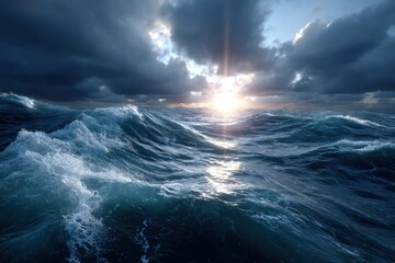 Dramatic ocean waves beneath a cloudy sky during sunset over the horizon