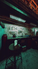 An old auto repair shops interior featuring a table and a refrigerator.