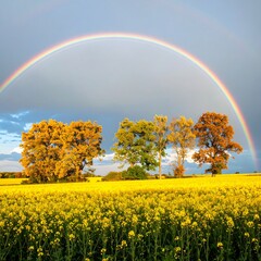 Rainbow arches over a vibrant yellow rapeseed field with autumn trees