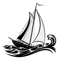 Black sailboat silhouette on stylized waves white background