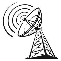 Black satellite dish on tower emitting radio waves