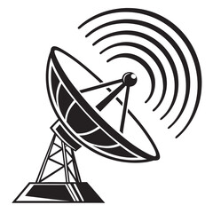 Black satellite dish emitting signal waves on white background