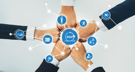 A vibrant representation of teamwork and agile methodology, showing diverse hands connected through icons that symbolize innovation and business success in a collaborative environment. Amity