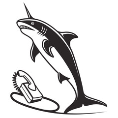 Black shark and vintage telephone graphic retro black and white