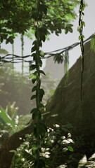 Fototapeta premium A green plant hangs gracefully from the side of a tree in a lush forest setting.