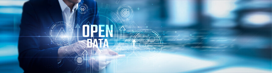 Businessman analyzing datasets with transparency, public access, data sharing, digital governance,...