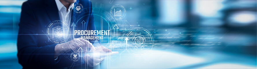 Obraz premium Businessman using mobile smartphone and procurement systems analyzing data supplier performance, contract management, cost efficiency, supply chain optimization, vendor selection, digital sourcing