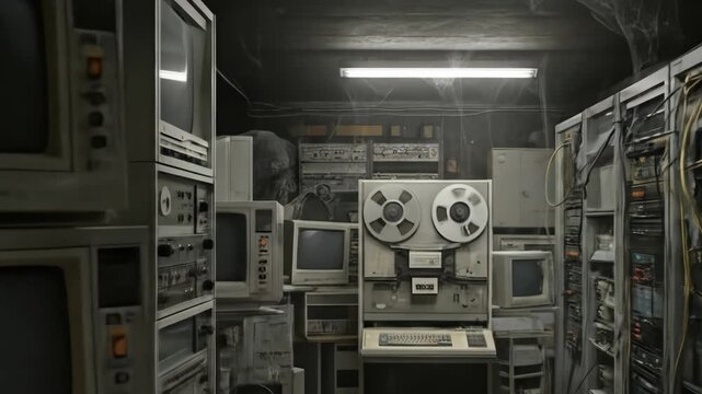 Old computers and servers in a dusty, neglected room, dim lighting