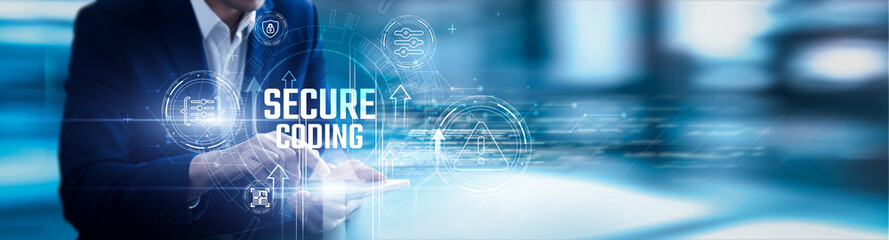 Businessman applying cybersecurity with vulnerability testing, encryption methods, compliance standards, threat prevention, software architecture, penetration testing, and secure frameworks.