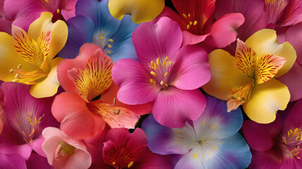 A vibrant close up view showcases a collection of colorful alstroemeria flowers in full bloom, creating a beautiful and textured floral arrangement, perfect for sp.
