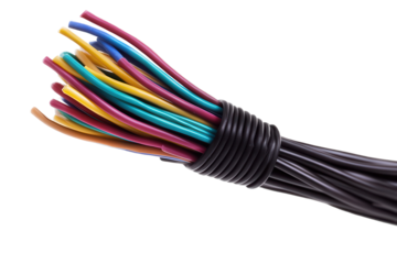 Close-up view of a black cable featuring multiple colorful wires twisted together for electrical connections and wiring tasks