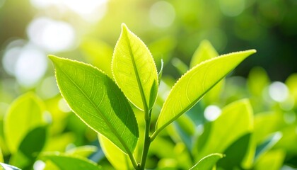 Obraz premium Close-up of vibrant green tea leaves bathed in sunlight