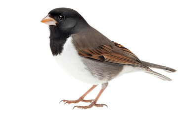 Dark eyed junco bird stands alone on a white background showcasing its striking black, white, and brown feathers in a serene pose during daylight hours