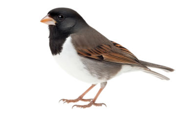 Dark eyed junco bird stands alone on a white background showcasing its striking black, white, and brown feathers in a serene pose during daylight hours