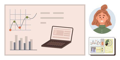 Data chart with upward trends, bar graph, open laptop, smiling expert portrait, and analytics dashboard. Ideal for statistics, presentations, strategy, education business growth teamwork simple