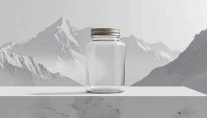 Transparent glass jar with a golden cap sits centered atop a white marble surface, offering a minimalist presentation against a blurred backdrop depicting snow-covered mountain ranges, creating a...