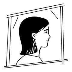 Minimal line art woman looking out a window
