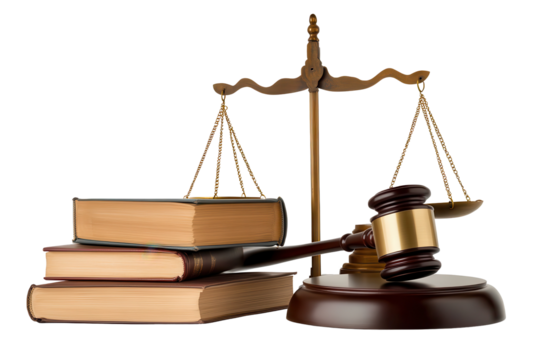Wooden gavel rests on a round base near stacked law books and a scale of justice symbolizing the legal profession and courtroom dynamics