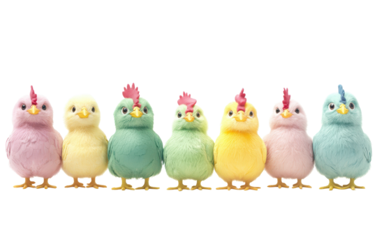 Colorful cartoon chickens in pastel shades stand in a row showcasing friendly expressions and playful designs