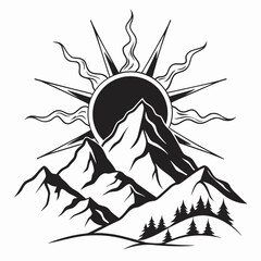 Black sun rising behind jagged mountains and pine trees