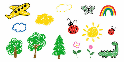 Collection of colorful crayon drawings of children s favorite things like airplane clouds sun trees flowers ladybugs butterfly rainbow and dinosaur