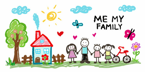 Obraz premium Charming childlike drawing of a happy family holding hands in front of their home under a sunny sky