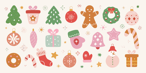 Whimsical hand drawn christmas elements with festive ornaments and gifts