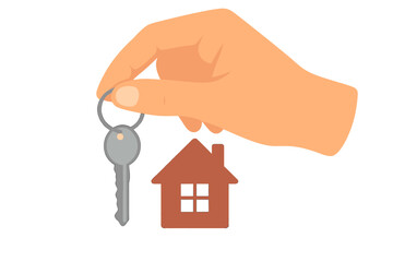 Hand holding house key with home keychain. Real estate agent concept. Buying, selling or renting property. New apartment purchase. Mortgage, investment and ownership vector.