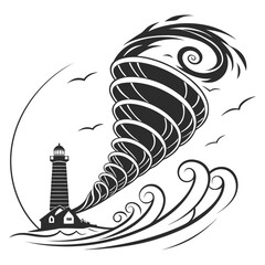 Black tornado approaching lighthouse and waves hurricane